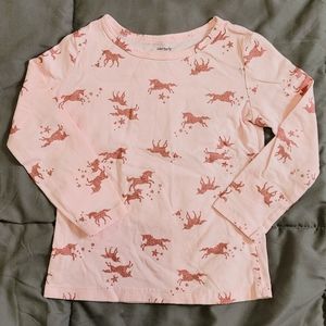 Light pink long sleeve kids shirt with sparkly unicorns and stars